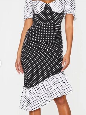 Pretty Little Thing Polka Dot Contrast Midi Dress - Black/White
